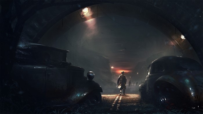Noir scene with classic cars and figures in a tunnel