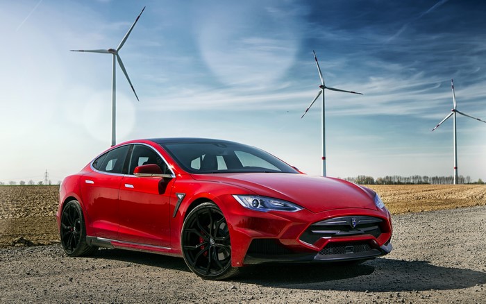 Red Tesla Model S with Wind Turbines