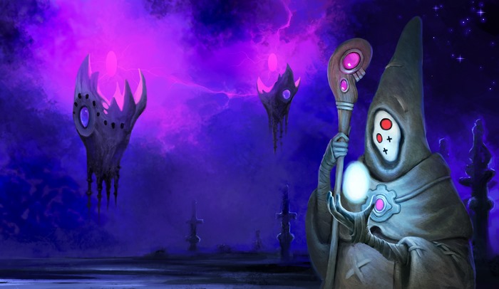 Fantasy art of a hooded figure with a staff and glowing orb