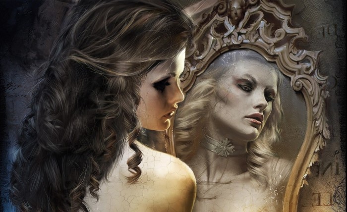 Woman and Reflection in Ornate Mirror Artwork