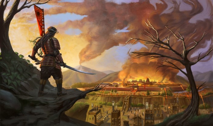 Samurai overlooking a burning city
