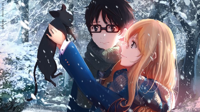 Kaori Miyazono and Kousei Arima from Your Lie in April with a cat in snow