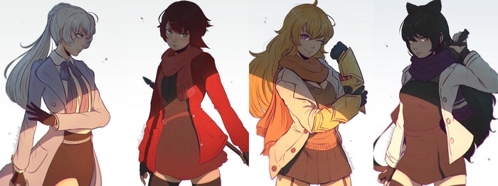 RWBY characters Weiss, Ruby, Yang, and Blake