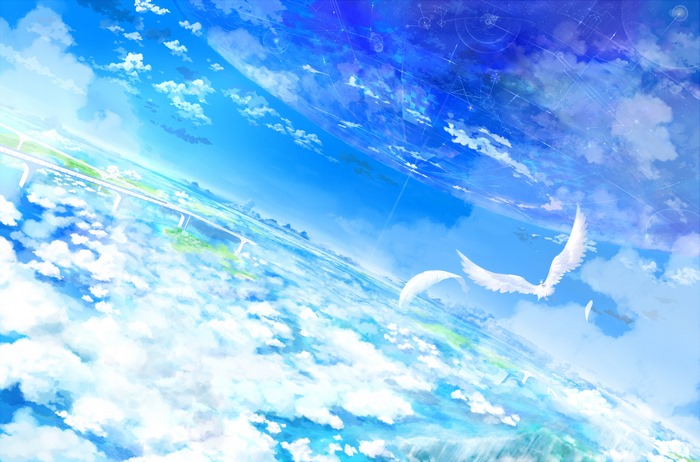 Angelic beings flying through a vast blue sky
