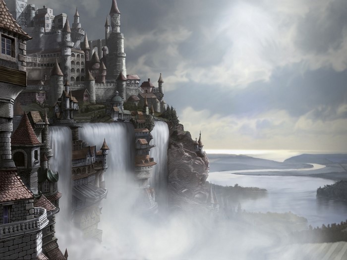 Fantasy castle with waterfalls overlooking a river