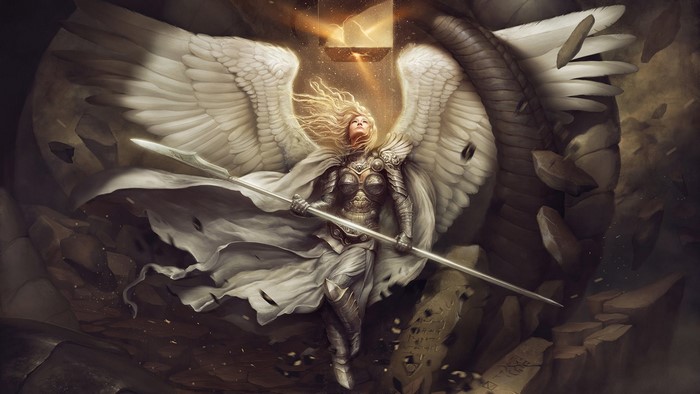 Angel warrior with spear and wings