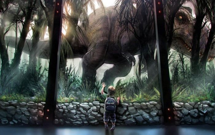 Child looking at a Tyrannosaurus Rex in Jurassic World