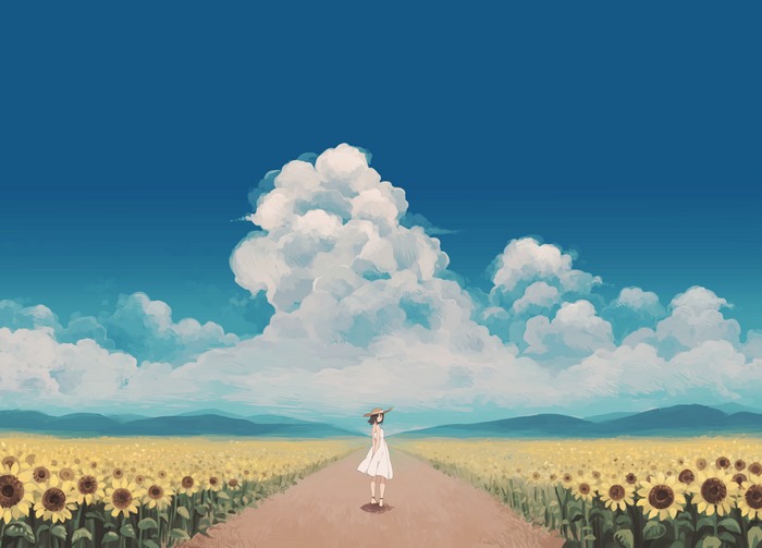 Anime girl in white dress in sunflower field