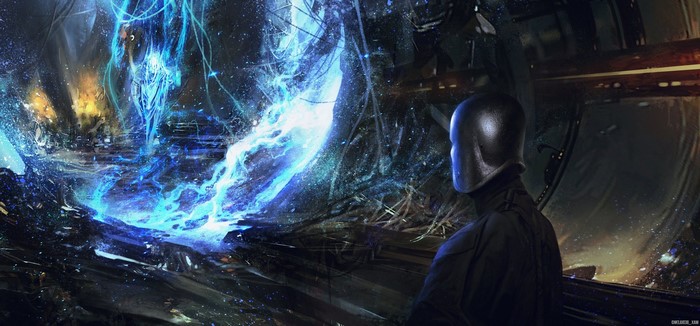Figure in helmet observing blue energy explosion in spaceship