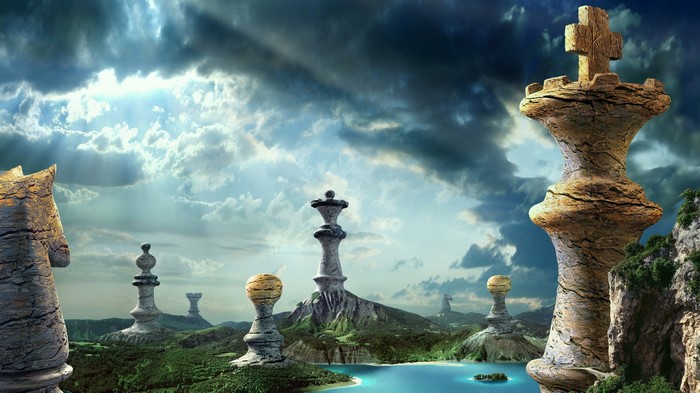 Fantasy landscape with giant chess pieces