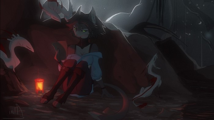 Anthro wolf reading by lantern with dragons