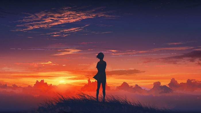 Anime girl silhouetted against a sunset over clouds