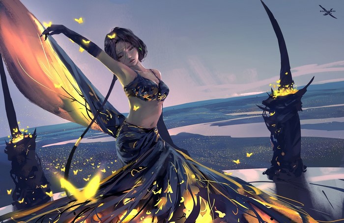Fantasy art of a woman with butterflies