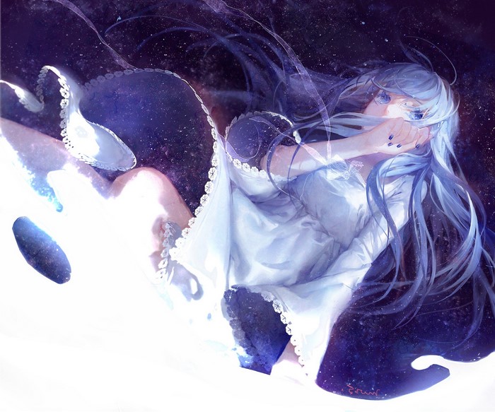 Anime girl with blue hair and white dress