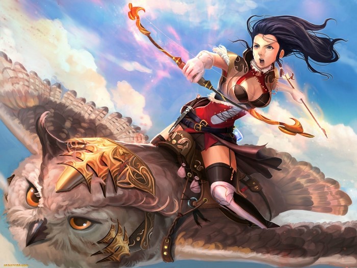 Anime girl riding an owl with a bow and arrow