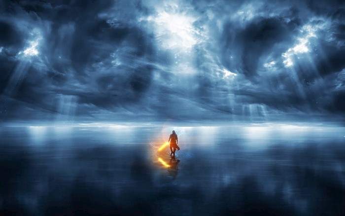 Fantasy warrior with glowing sword on reflective surface