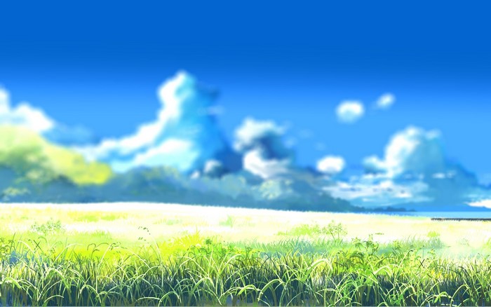 Anime landscape with grass and clouds