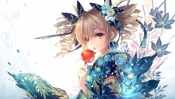 Anime girl with blonde hair eating a candy apple