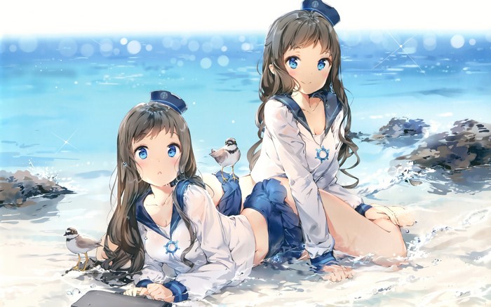 Two anime girls in sailor outfits on a beach with birds