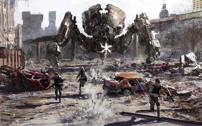 Giant robot mech attacks soldiers in destroyed city