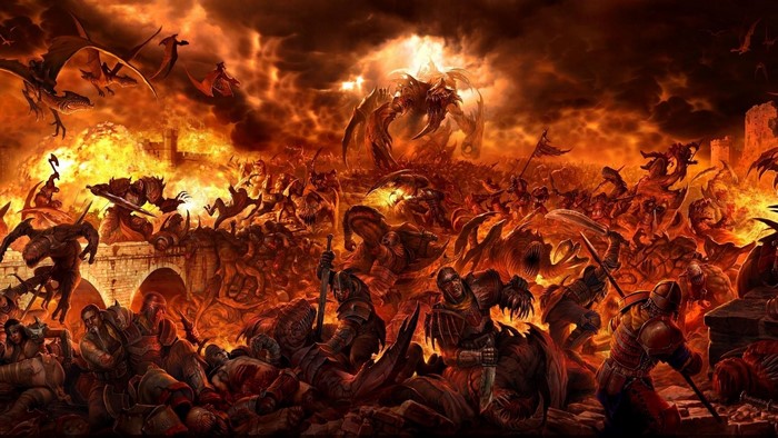 Fantasy battle with dragons, demons, and soldiers in fire