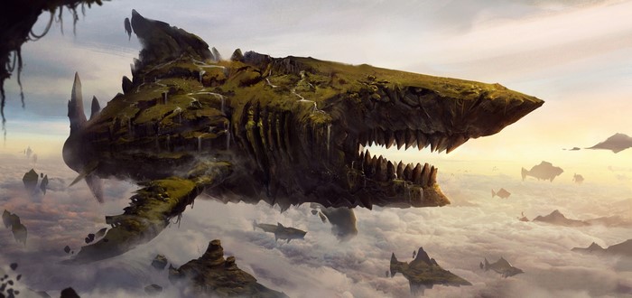 Floating Giant Rock Shark in a Fantasy Sky