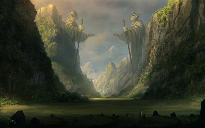Fantasy valley with giant statues and mountains