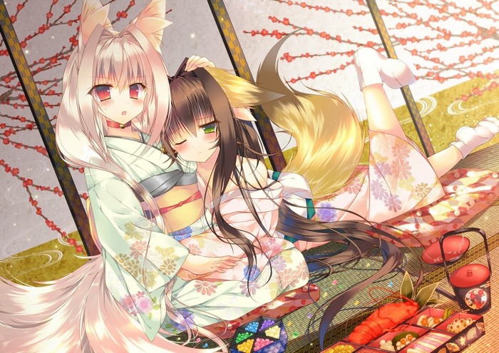Two anime fox girls in kimonos