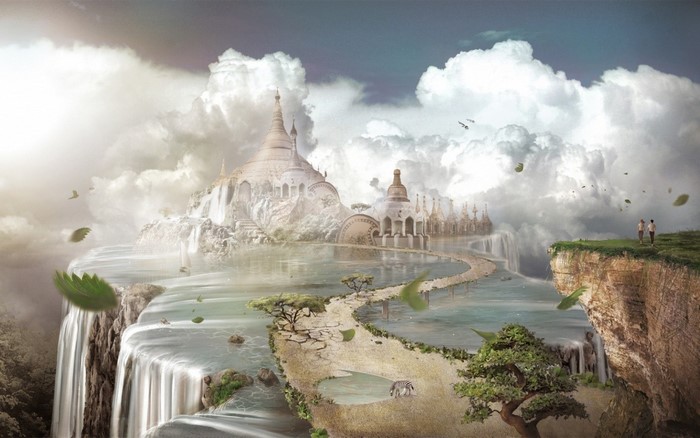 Fantasy floating islands with waterfalls and pagodas
