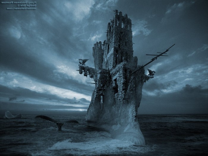 Flying Dutchman fantasy art castle on a rock