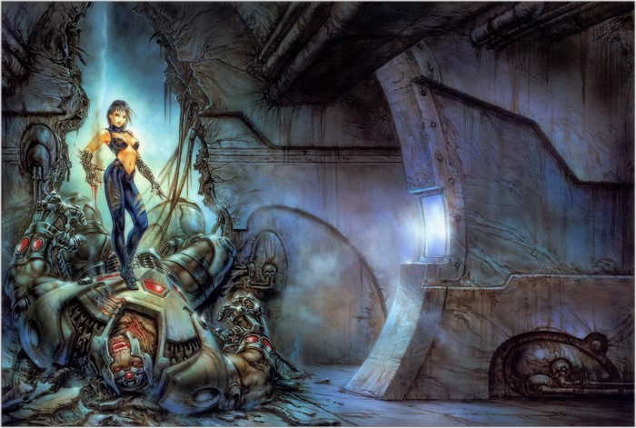 Luis Royo fantasy art of a woman standing over defeated robots