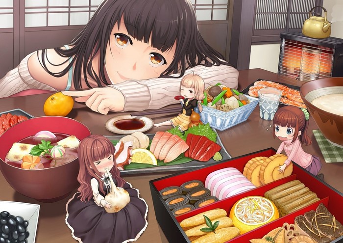 Anime girls enjoying a meal with food