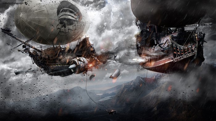 Steampunk airships in a stormy sky battle