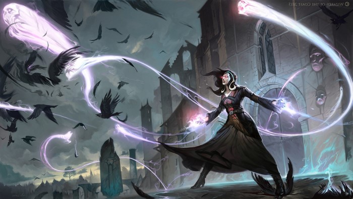 Magic the Gathering: Sorceress casting spells with crows
