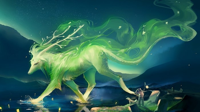 Mystical Green Deer Spirit in Fantasy Landscape