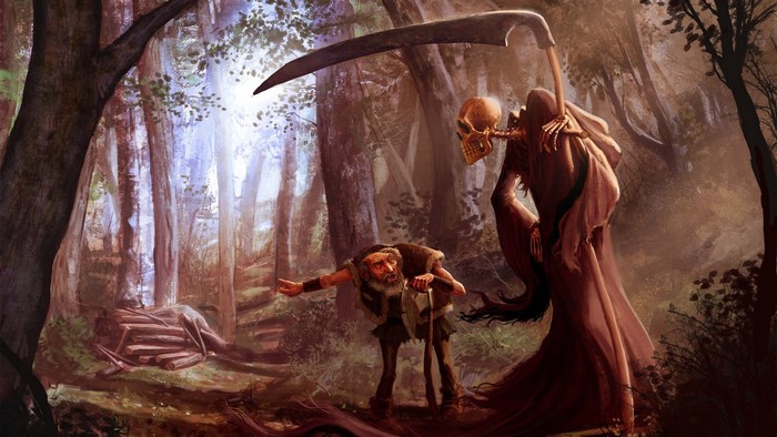 Grim Reaper confronts an old man in a forest