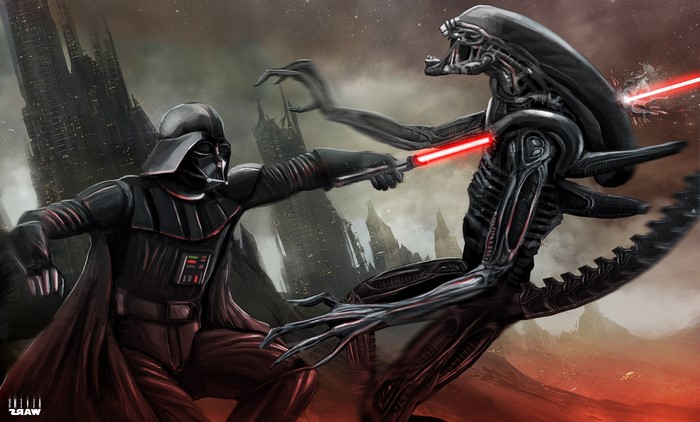 Darth Vader fighting an Alien with lightsabers