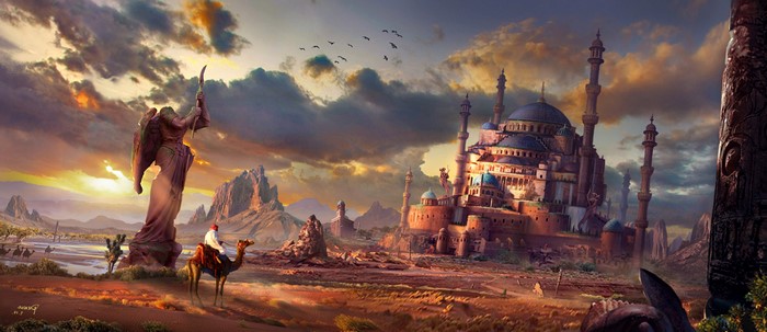 Fantasy desert landscape with ancient statue and mosque