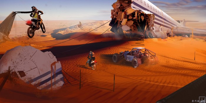 Post-apocalyptic desert with vehicles and airplane wreckage