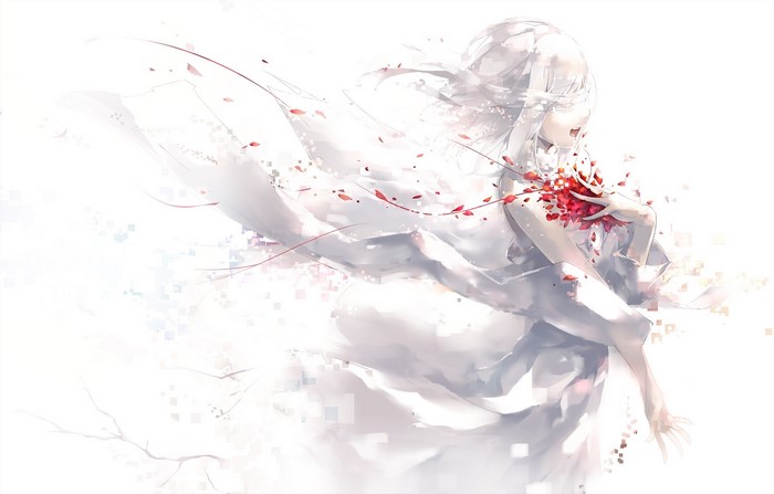 Girl with white hair and white dress with red petals
