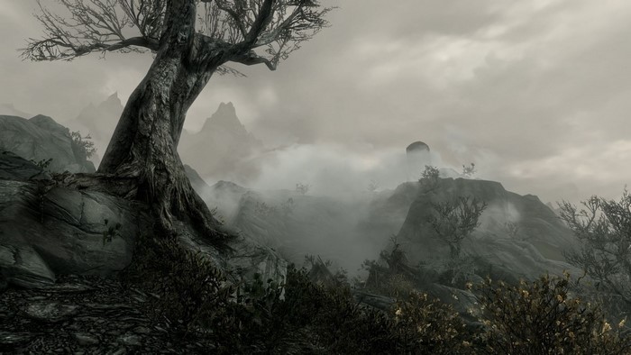 The Elder Scrolls V Skyrim landscape with fog