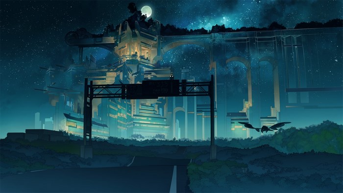 Futuristic Cityscape at Night with Flying Creature