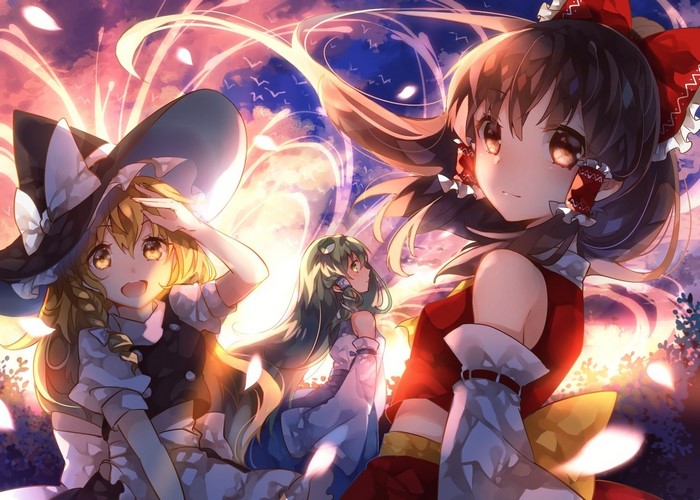 Touhou Project: Reimu, Marisa, and Sanae in a sunset sky