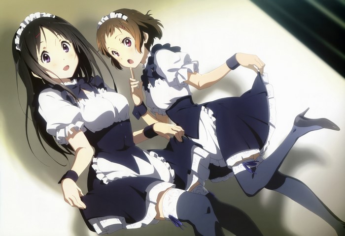 Eru Chitanda and Mayaka Ibara from Hyouka in maid outfits