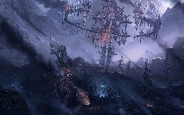 Fantasy art of a destroyed alien structure in a mountain landscape