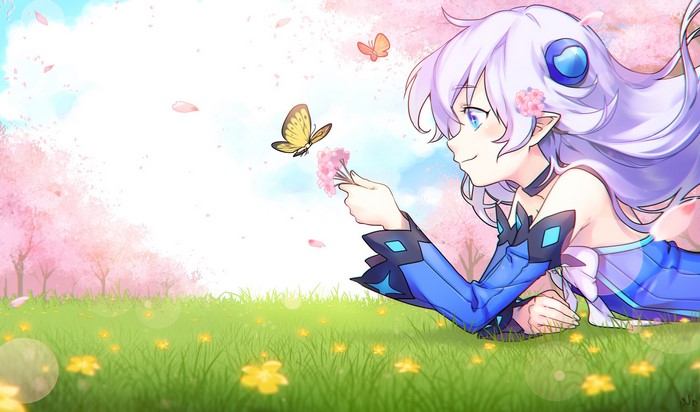Anime girl with white hair and butterfly in cherry blossom field
