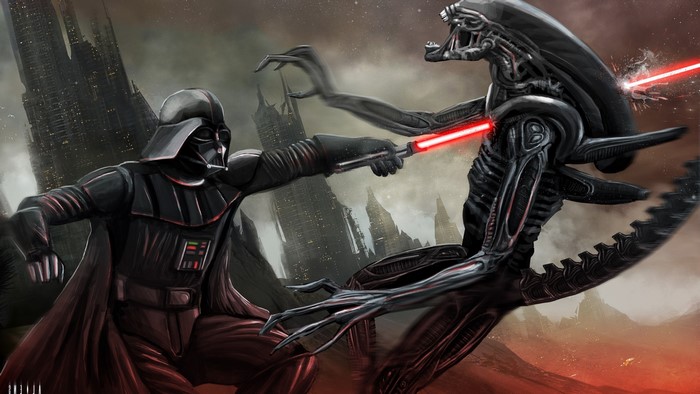 Darth Vader fighting a Xenomorph