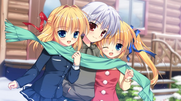 Children sharing a scarf in the snow