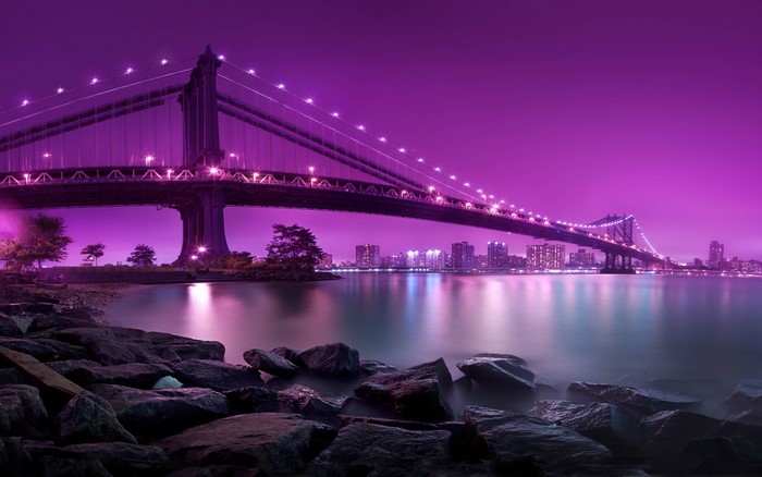 Purple Manhattan Bridge at Night over Water with Cityscape