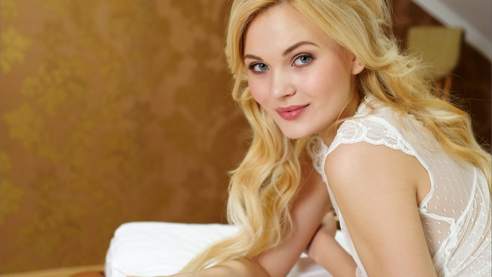 Blonde woman with blue eyes